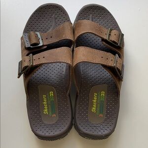 Skechers Brown Dual-Buckle Comfort Slide Sandals